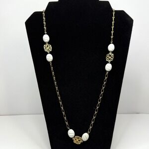 Gold Tone Station Necklace Cream Acrylic Beads Ornate Metal Accents Jewelry 13in